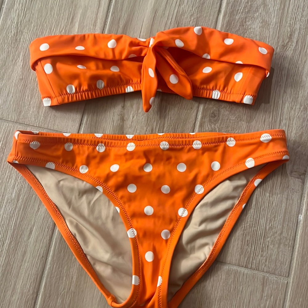 Vintage j crew orange and white polka dot bikini swimsuit bandeau and bottoms